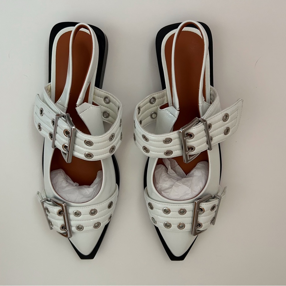 New White Buckle Ballet Flats, Pointed Toe, Size 42 (US 10), NWOT